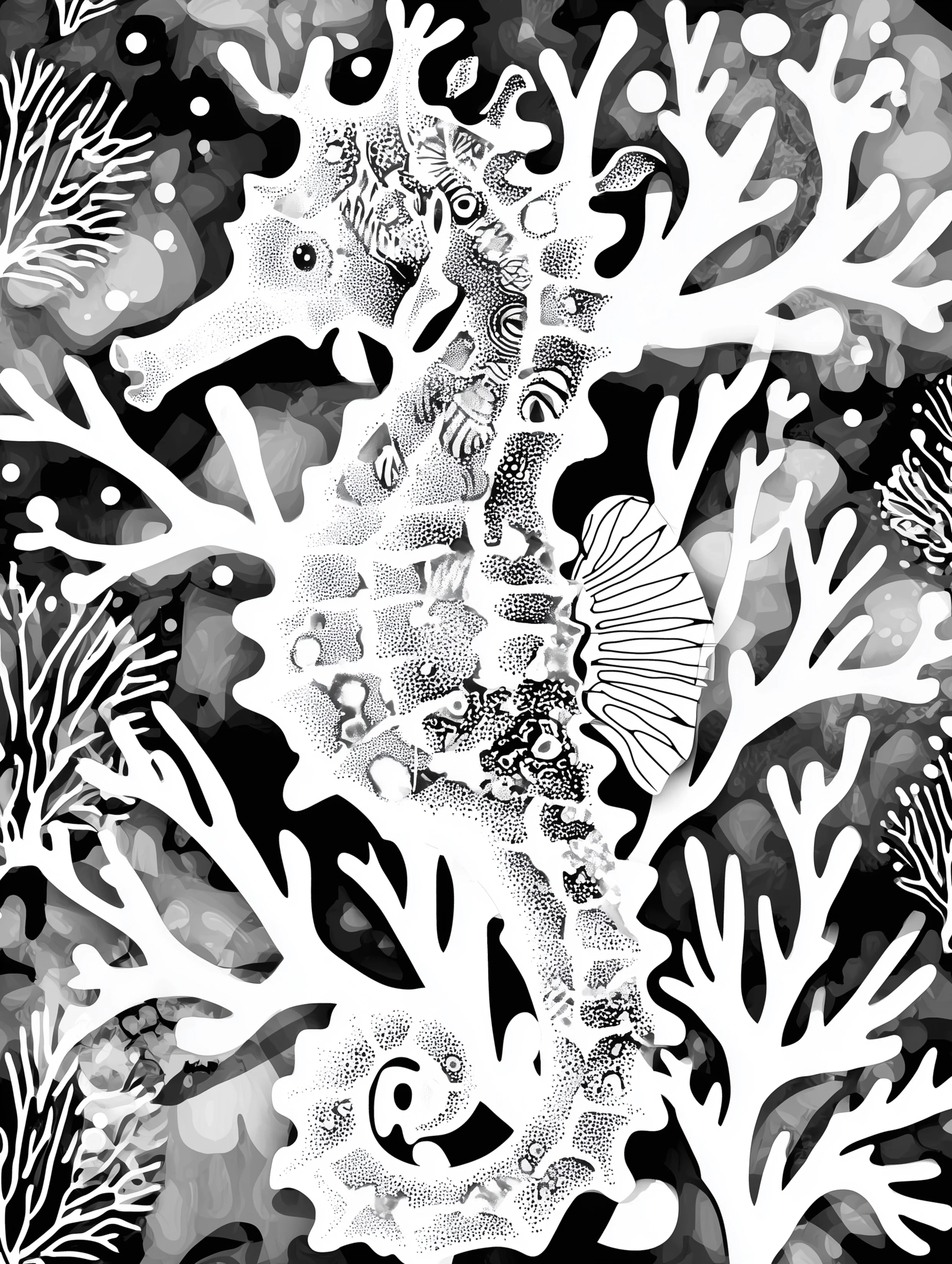Free printable underwater coloring page for adults featuring a seahorse in coral